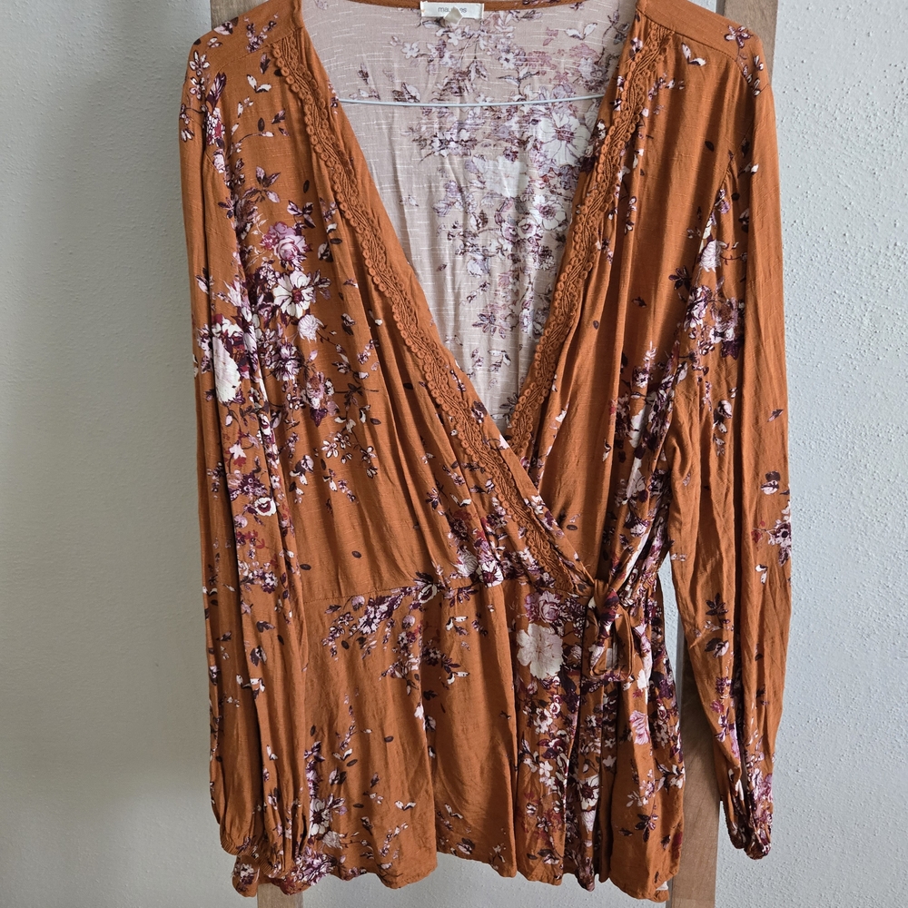 Maurices Floral Wrap Blouse in Orange and Purple